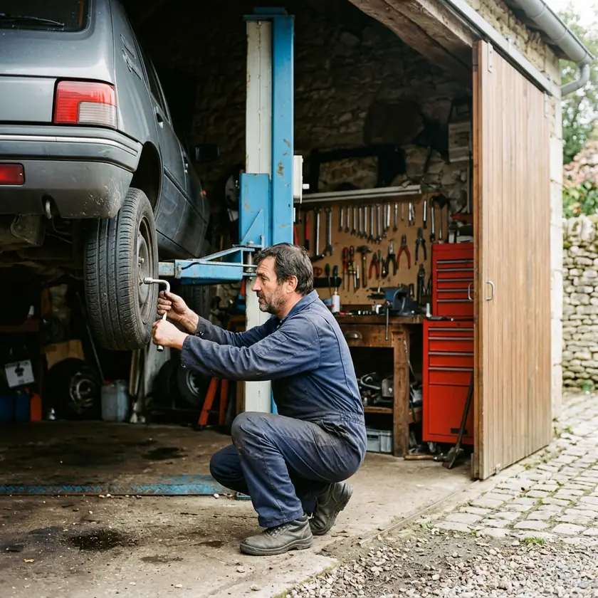 Mécanicien qui serre une roue sous une voiture levée, dans un garage de village