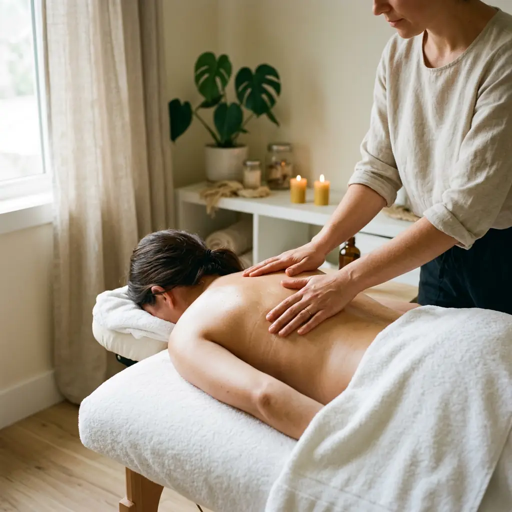 Praticienne pendant un massage du dos, dans une salle de soin calme