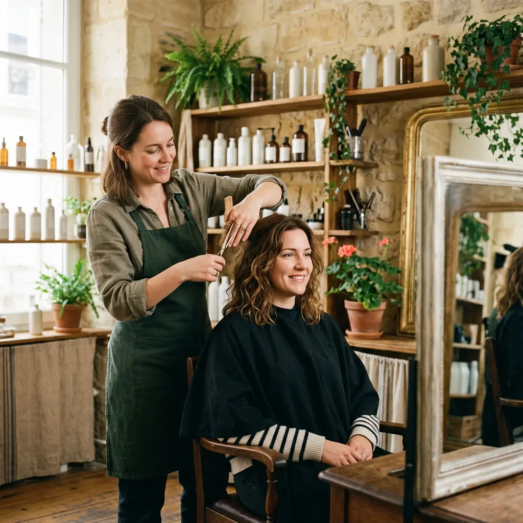 Coiffeuse qui coupe les cheveux d'une cliente, dans un salon
