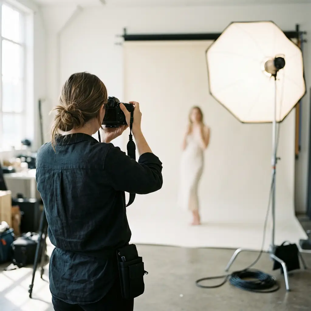Photographe pendant une séance de portrait, en studio