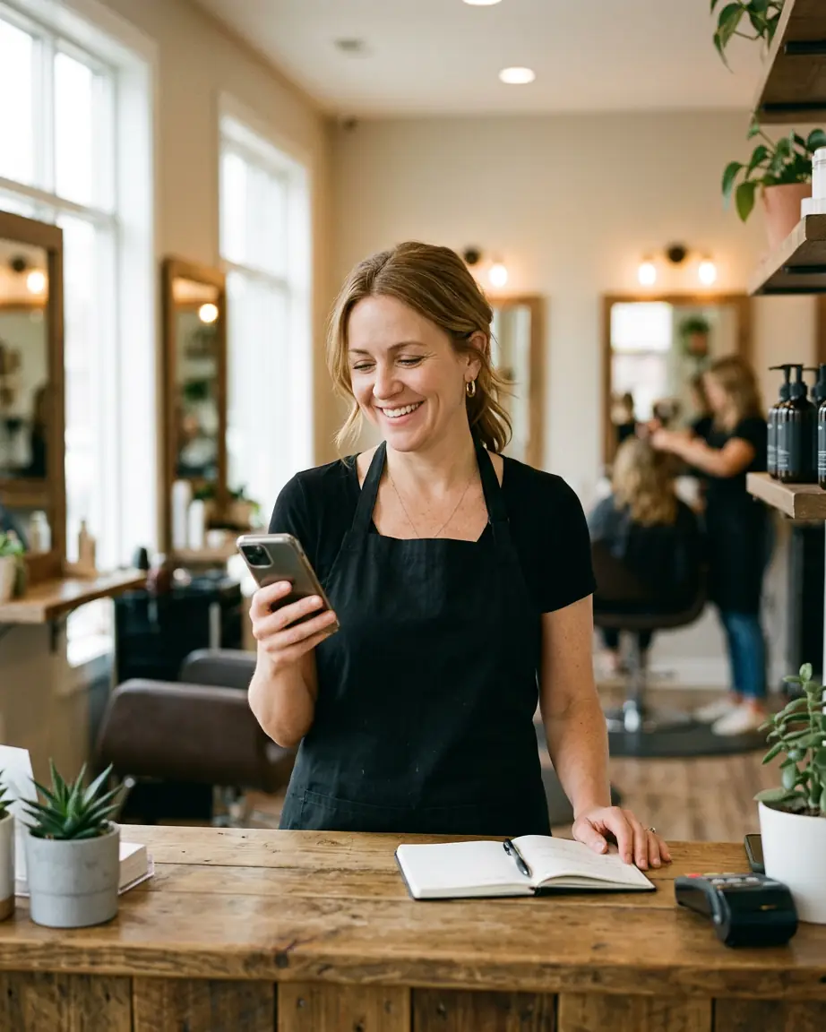 Gérante de salon souriante à son comptoir, son téléphone à la main