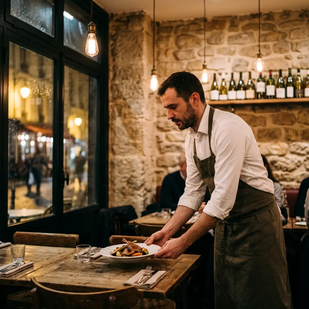 Serveur qui pose une assiette sur une table, dans un bistrot le soir