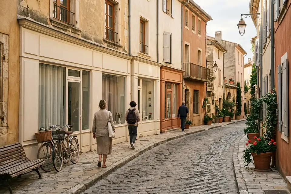 Rue pavée bordée de petits commerces, quelques passants