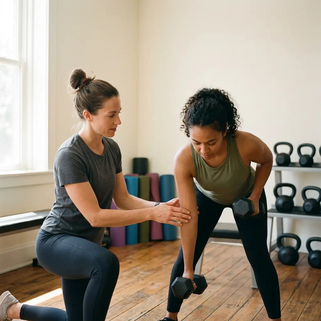 Coach qui guide une sportive pendant un exercice, dans une salle d'entraînement