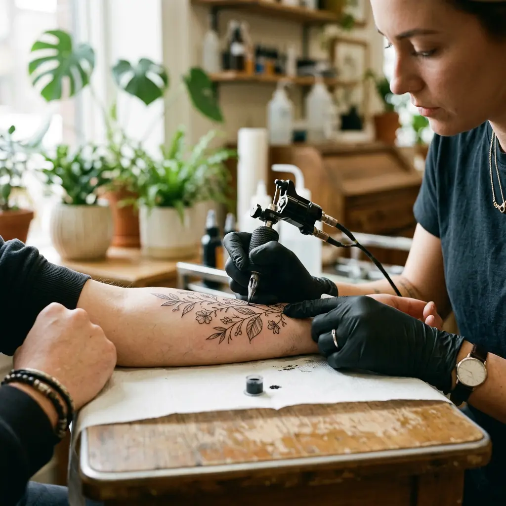 Tatoueuse gantée qui tatoue un motif floral sur un avant-bras
